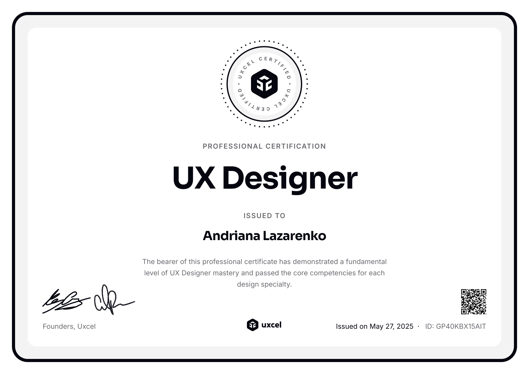 Andriana Lazarenko's certificate